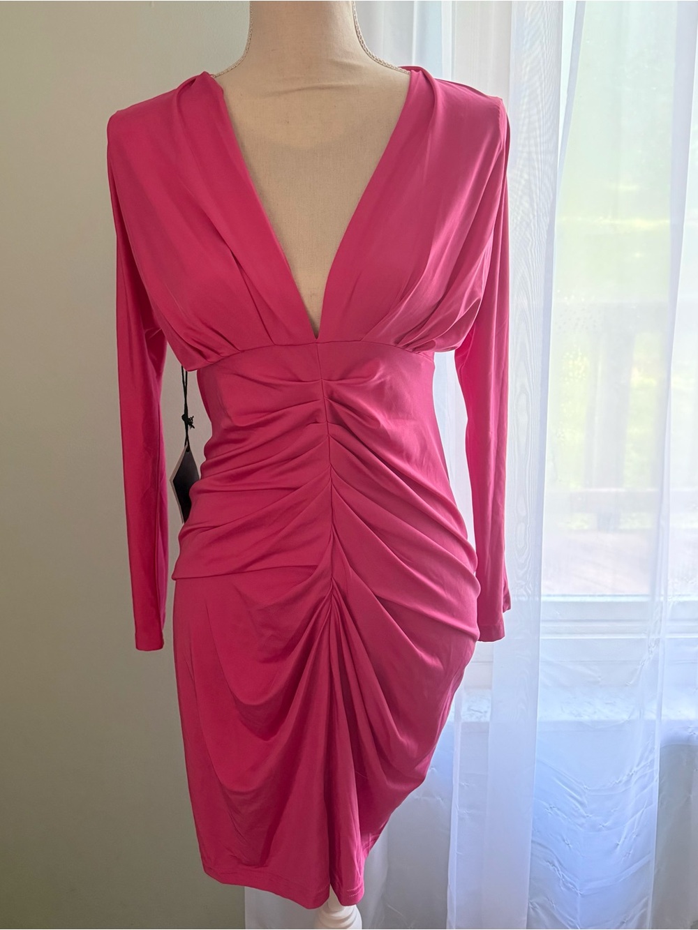 Area Stars V-Neck Hot Pink Ruched Long Sleeve Dress / Size Small / NWT!